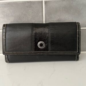 Coach Black Leather Patent Leather Stripe Wallet with Check Book Cover